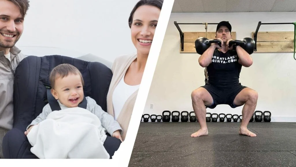 Parents carrying baby in baby seat and kettlebell training for strength