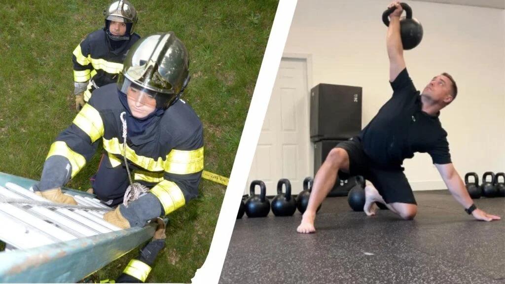 firefighter climbing ladder and trainer doing turkish get-up