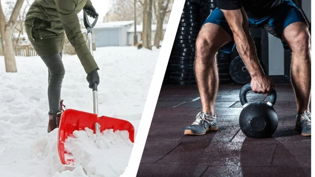 shoveling snow and lifting kettlebell